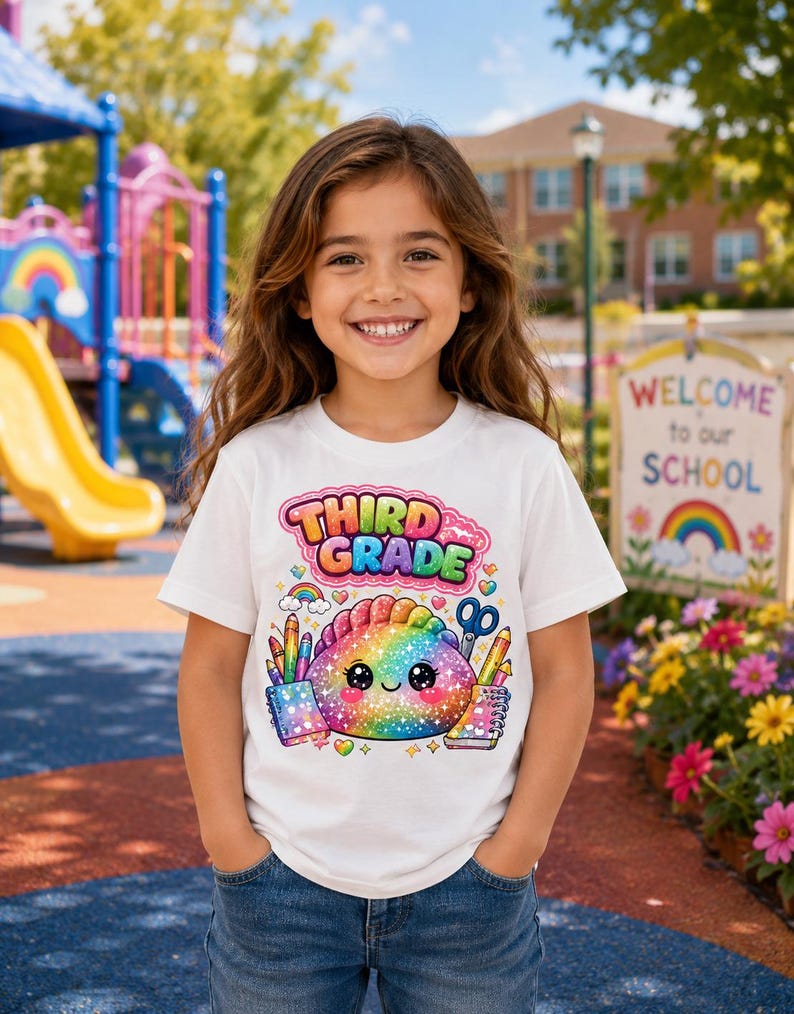 May include: A white t-shirt featuring a colorful graphic of a rainbow-colored, glittery, smiling dumpling character surrounded by school supplies like pencils, scissors, and notebooks, with the text "THIRD GRADE" in a pink bubble font above.