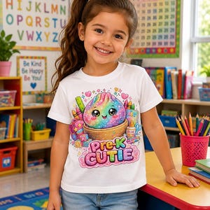 May include: A white short-sleeved t-shirt featuring a colorful graphic of a smiling, rainbow-colored dumpling in a bamboo steamer, surrounded by school supplies like crayons and blocks, with the text Pre-K CUTIE printed in pink and purple.