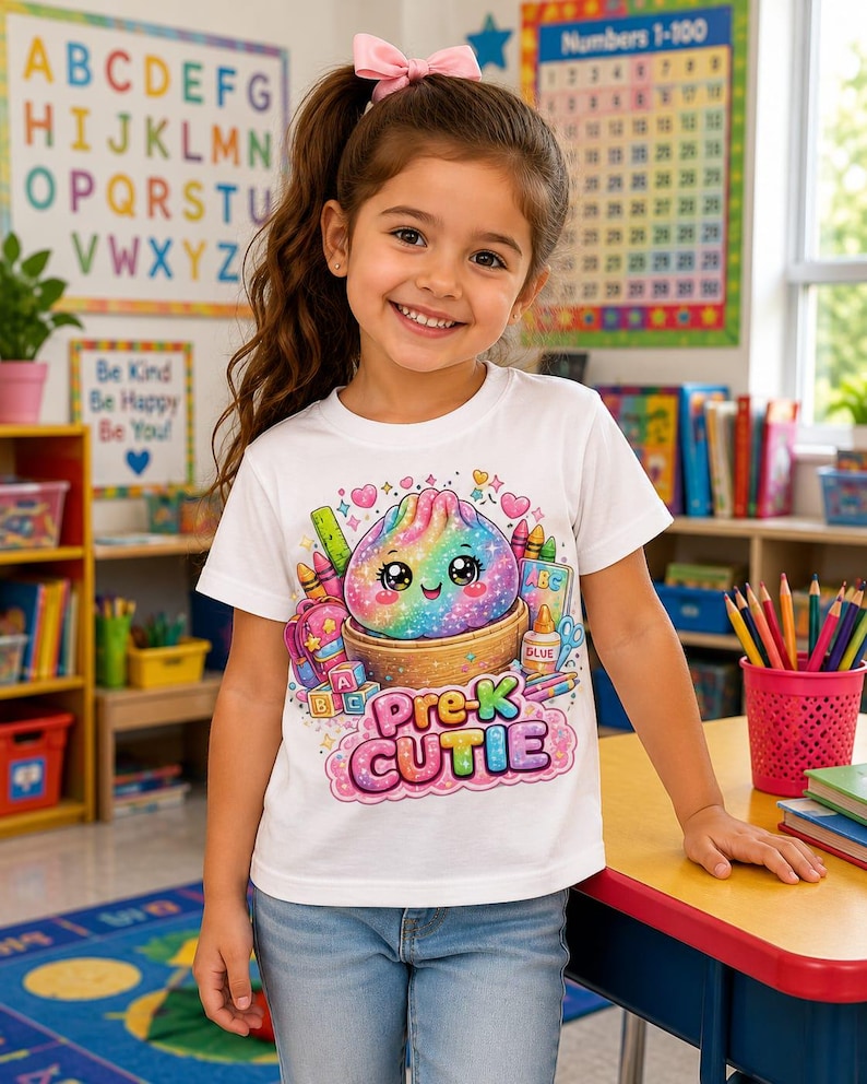 May include: A white short-sleeved t-shirt featuring a colorful graphic of a smiling, rainbow-colored dumpling in a bamboo steamer, surrounded by school supplies like crayons and blocks, with the text Pre-K CUTIE printed in pink and purple.