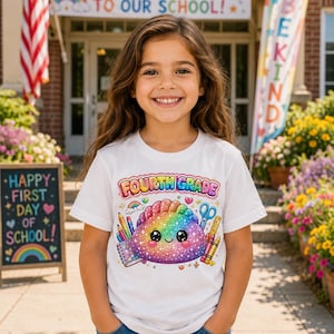 May include: A white short-sleeved t-shirt featuring a colorful graphic of a smiling, glittery rainbow-colored dumpling character surrounded by school supplies like pencils, a notebook, scissors, and a ruler, with the text "FOURTH GRADE" above.