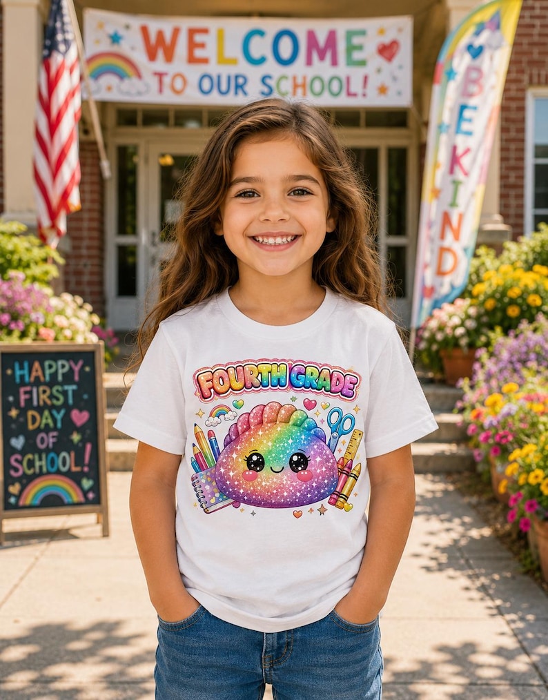 May include: A white short-sleeved t-shirt featuring a colorful graphic of a smiling, glittery rainbow-colored dumpling character surrounded by school supplies like pencils, a notebook, scissors, and a ruler, with the text "FOURTH GRADE" above.