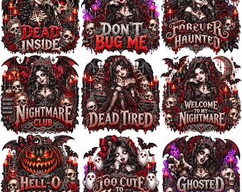 Gothic Halloween PNG Bundle, 9 Scary Horror Sublimation Designs, Skull Vampire Witch Clipart, Digital Download