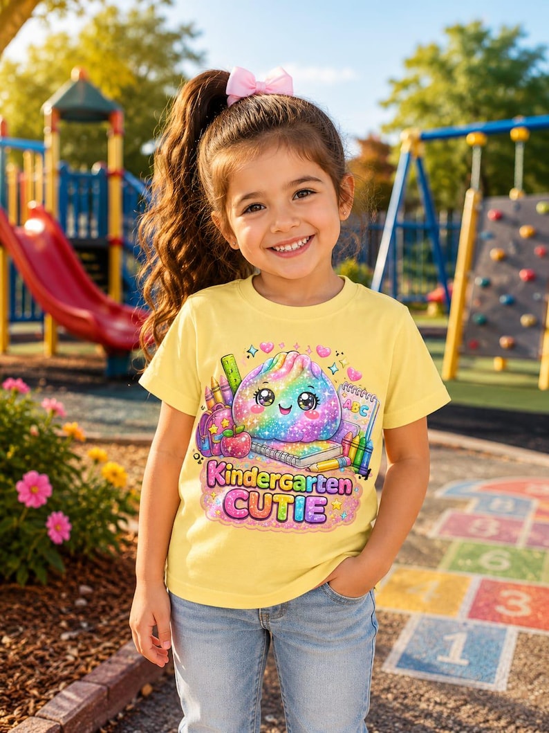 May include: A light yellow short-sleeve t-shirt featuring a colorful graphic of a smiling, rainbow-colored dumpling character surrounded by school supplies like crayons, a notebook, and an apple, with the text Kindergarten CUTIE.