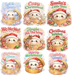 Paquete de imágenes PNG de dumplings navideños kawaii, imágenes prediseñadas de comida festiva, diseños festivos para sublimación (descarga digital)