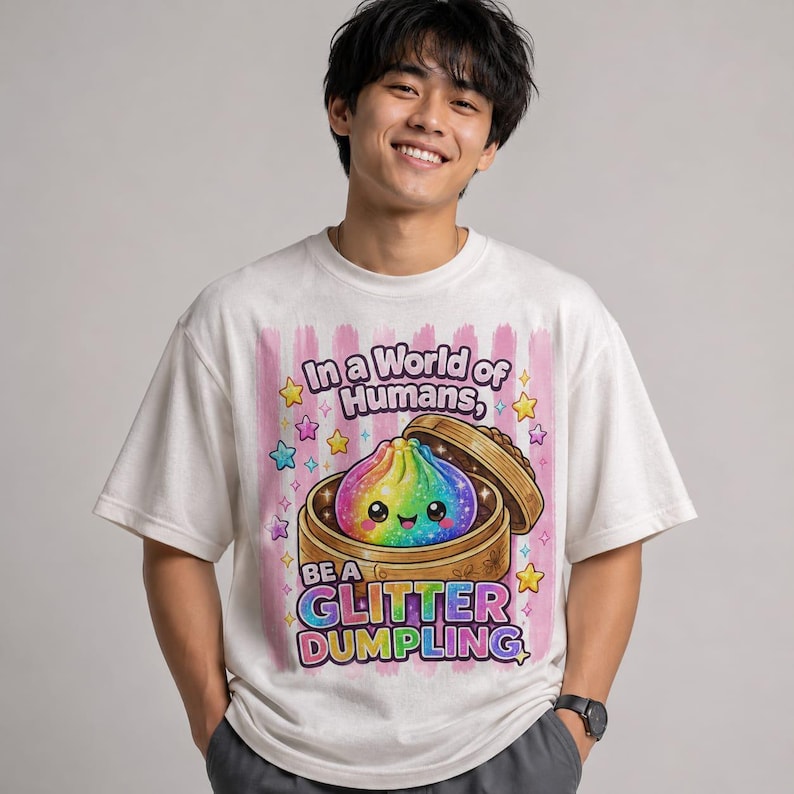 May include: A white short-sleeve t-shirt featuring a graphic of a rainbow-colored dumpling in a bamboo steamer. The text reads In a World of Humans, BE A GLITTER DUMPLING. The design includes pink vertical stripes and colorful stars.