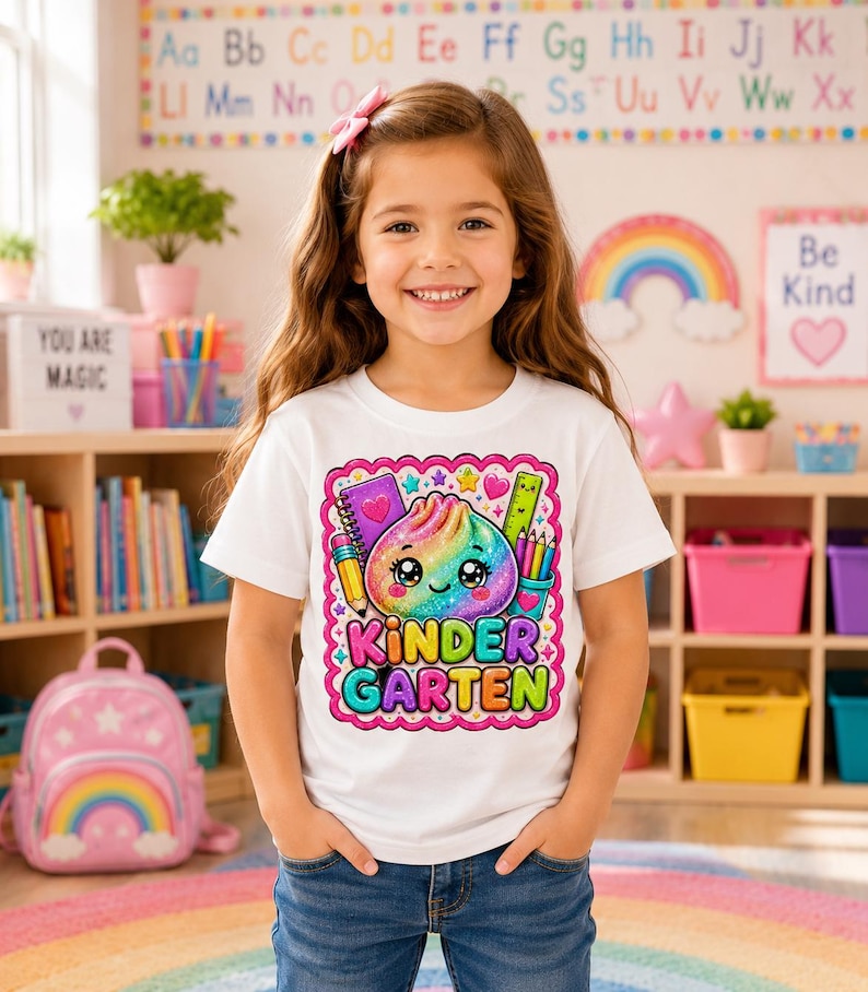 May include: A white t-shirt featuring a colorful graphic of a glittery, smiling dumpling character surrounded by school supplies like a notebook, pencil, and ruler, with the text "KINDER GARTEN" printed in bold, multi-colored bubble letters.