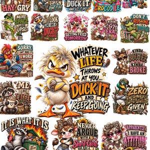 Peut inclure: Une collection d'illustrations graphiques colorées représentant des animaux de dessin animé, notamment des vaches, des canards, des ratons laveurs et des tortues, avec des textes humoristiques comme Duck It, Me Like Coffee et It Is What It Is.