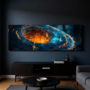 May include: A panoramic canvas print featuring a close-up of a tree trunk's cross-section. The artwork showcases a vibrant orange center, surrounded by dark blue wood with glowing orange and blue cracks. The overall effect is a dramatic, abstract representation.
