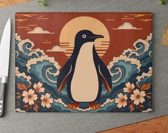 Penguin Glass Cutting Board - Waves and Flowers Design, Kitchen Decor, Food Prep, Cheese Board, Unique Gift, Penguin Lover Gift, Kitchen