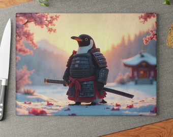 Penguin Glass Cutting Board - Samurai Design, Kitchen Decor, Food Prep, Cheese Board, Unique Gift, Penguin Lover Gift, Kitchen