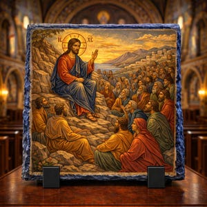 Puede incluir: Una obra de arte religiosa que representa a Jesús predicando a una multitud. La imagen muestra a Jesús con túnicas rojas y azules, sentado en un afloramiento rocoso, con un halo dorado. El fondo muestra una puesta de sol, un lago y una ciudad.