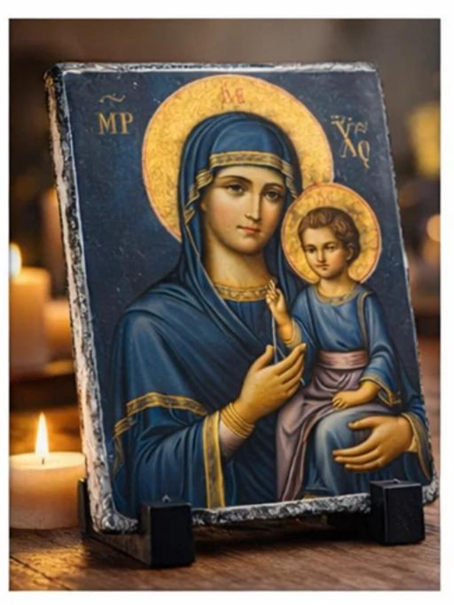 Orthodox Theotokos Christ Child Icon - Natural Slate Plaque Wall/Home Decor