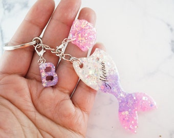 Personalized Mermaid Keychain, Glitter Mermaid Tail bag charm, little mermaid gifts for girls