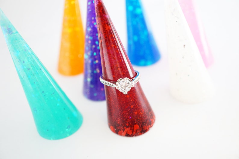 Resin Galaxy Ring Cone Jewelry Holder, CUSTOM Ring Bomb Rep Ring Cone, slim slanted ring cone, ring display vanity decor prop for rings image 4