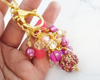 Hot pink Beaded Purse Charm for women, Pink and Gold aesthetic, Purse Charm for handbags, Fashion accessory key chain