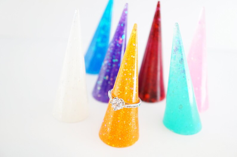 Resin Galaxy Ring Cone Jewelry Holder, CUSTOM Ring Bomb Rep Ring Cone, slim slanted ring cone, ring display vanity decor prop for rings image 2