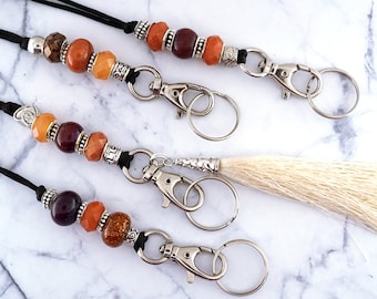 Boho Autumn Beaded Teacher Lanyard | Lanyards for Work or School | Fancy Beaded ID Badge Holder for coworker gifts or student