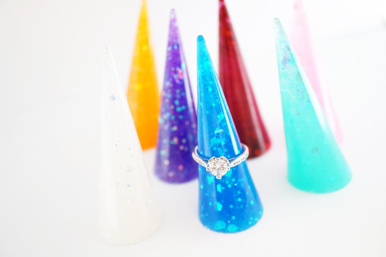 Resin Galaxy Ring Cone Jewelry Holder, CUSTOM Ring Bomb Rep Ring Cone, slim slanted ring cone, ring display vanity decor prop for rings image 3