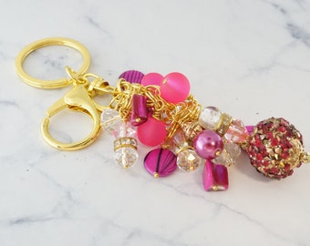 Unique Hotpink Beaded Bag Charm, Pink and Gold aesthetic, pretty keychain gift