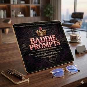 May include: A gold-framed tablet displaying "BADDIE PROMPTS" with a crown graphic. The text reads "100 Ultra-Realistic Baddie Prompts" and "Luxury Lifestyle + Influencer Aesthetic + Soft Glam - Pink/Black/Gold Edition." A pen, notebook, and glasses rest on the wooden desk.