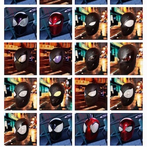 Op de afbeelding: Een raster van verschillende Spider-Man maskerontwerpen. De maskers zijn voornamelijk rood en zwart, met witte ooglenzen. Sommige maskers hebben unieke kleurvariaties, waaronder witte, paarse en gele ooglenzen. De afbeelding bevat bovenaan de tekst "Sensational fac..."
