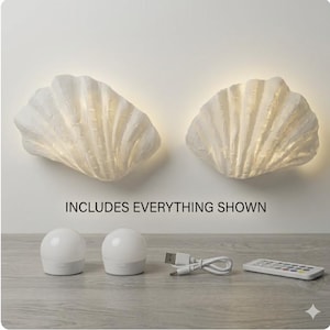 May include: Two white seashell-shaped wall lamps with textured surfaces, two round white light modules, a white USB charging cable, and a rectangular remote control. The text INCLUDES EVERYTHING SHOWN is printed in the center of the image.