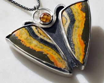 Bumblebee Butterfly with Madeira Citrine Pendant Necklace