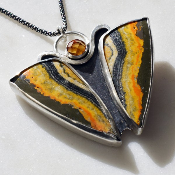 Bumblebee Butterfly with Madeira Citrine Pendant Necklace