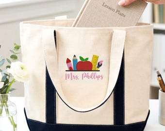Bolsos de mano bordados para maestras, bolsos personalizados con el logo de la escuela y nombre, regalo personalizado para maestra de preescolar, regalo para la mejor amiga.