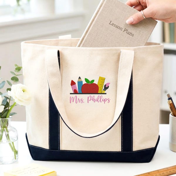 Embroidered Teacher Tote Bags For Women, Custom School Spirit Tote Bags With Name, Personalized Gift For Preschool Teacher, Bestfriend Gift