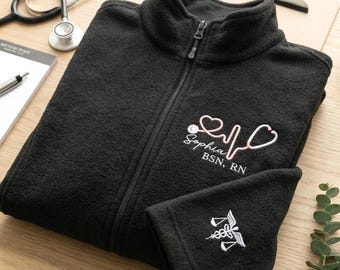 Embroidered Nurse Jacket, Custom Hospital Fleece Jacket For Women, Rn Full Zip Jacket With Pockets, Nurse Graduation Gift,Medical Staff Gift