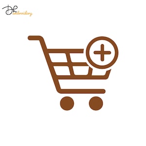 Op de afbeelding: Een bruin winkelwagenpictogram met een plusteken in een cirkel, dat een functie voor toevoegen aan winkelwagen aangeeft. De kar heeft twee wielen en een handvat. Het logo "dh embroidery" staat in de linkerbovenhoek.