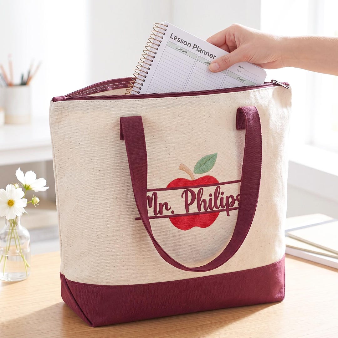 Personalized Apple Teacher Tote Bag With Name - Embroidered Teacher ...
