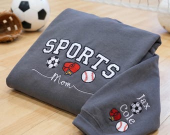 Custom Embroidered Sports Mom Hoodie with Kids Names, Personalized Multi Sports Mom Sweatshirt, End of Season Gift for Mom