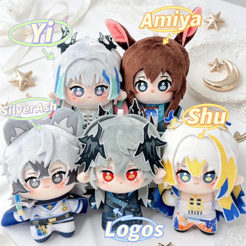 May include: A group of five plush dolls with anime-style features. Each doll has unique hair and clothing, with names like "Yi," "Amiya," "SilverAsh," and "Shu" above them. The word "Logos" is also visible. The dolls are set against a soft, white background.