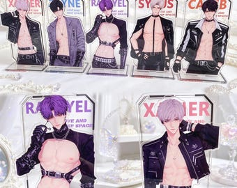 May include: A collection of seven acrylic character standees featuring anime-style figures with exposed torsos, wearing black leather-style harnesses, jackets, and accessories. Each standee displays a name and the text Love and Deep Space.