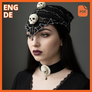 May include: A black crocheted hat and choker set with skull accents. The hat features three white skulls and a decorative web design. The choker has a single skull pendant with a teardrop charm. The image also includes the text "ENG DE" and a PDF icon.