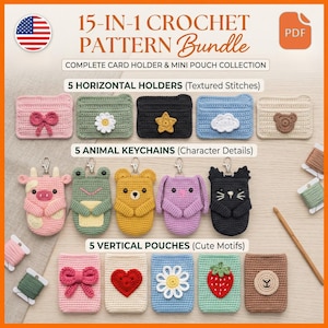 Può includere: Un pacchetto di modelli all'uncinetto con 15 design, tra cui porta carte, mini pochette e portachiavi a forma di animali. L'immagine mostra vari oggetti all'uncinetto in diversi colori e design, come un porta carte rosa con un fiocco e un portachiavi a forma di orso giallo. Il testo recita "15-IN-1 CROCHET PATTERN Bundle".