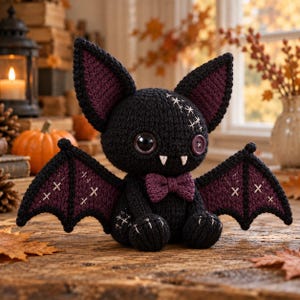 May include: A crocheted bat plush toy with black yarn, purple inner ears and wings, a purple bowtie, white stitched details, one large black eye, and one purple button eye. The bat has two small white fangs and is seated in a forward-facing position.