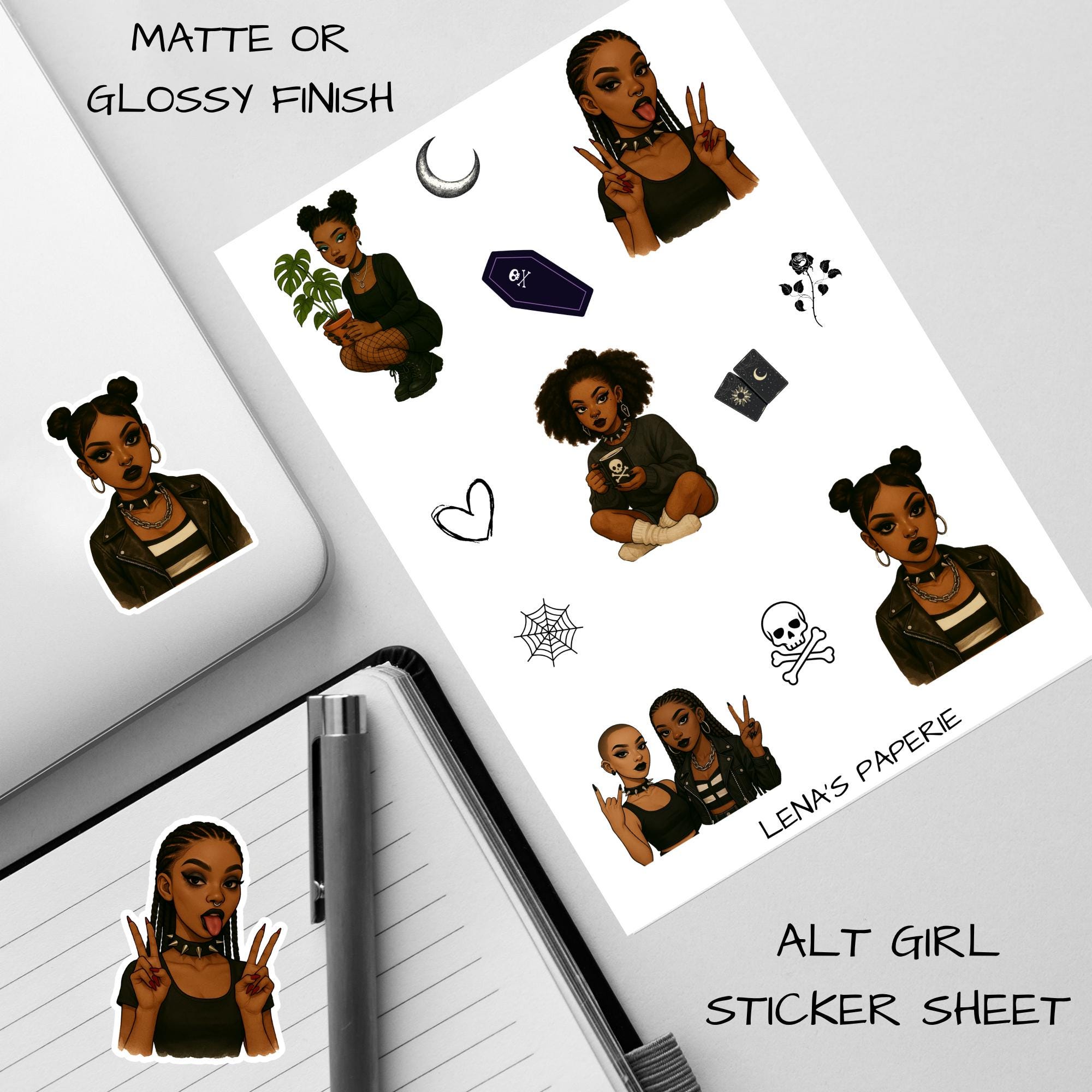 Black Goth Girl Sticker Sheet | 12 Diverse Stickers on 4x6 Sheet | Afro ...