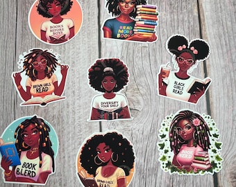 Black Girl Reading Die-Cut Stickers Set, Bookish Planner Stickers for Journals & Laptops | Cute Bookworm Art, 8-Pack Diverse Designs