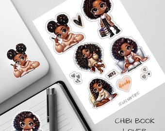 Chibi Black Girl Book Lover Stickers | Cozy Reading Planner Stickers, Journaling Vinyl Sticker Sheet, Bookish Gift for Readers
