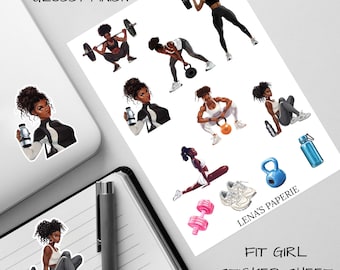 Black Fitness Stickers for Journals, Workout Planner Stickers, Fit Girl Vinyl Sheet | Gym Aesthetic, Wellness, Black Girl Magic