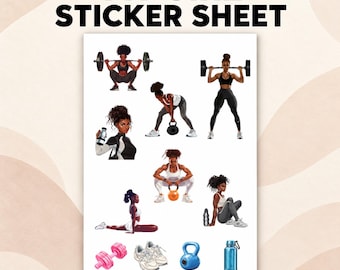 May include: A sticker sheet titled FIT GIRL STICKER SHEET featuring illustrations of individuals performing various fitness exercises with barbells, kettlebells, and dumbbells, alongside gym equipment like sneakers and a water bottle.