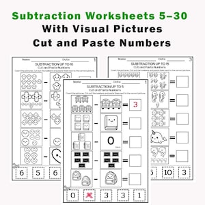 May include: Black and white subtraction worksheets with visual pictures for numbers 5-30. The worksheets include cut and paste numbers, with problems up to 5, 10, and 15. The worksheets have images of school buses, books, and backpacks.