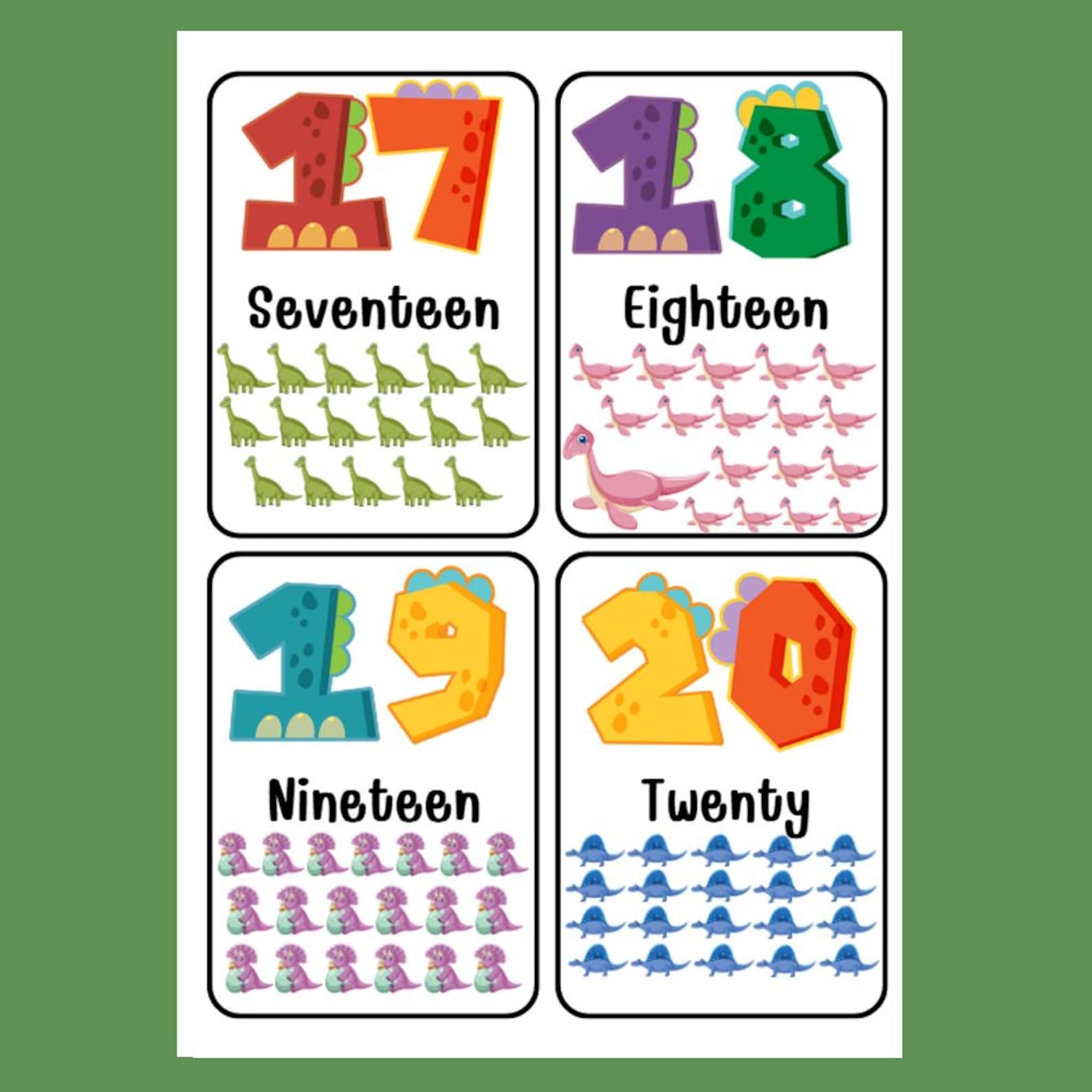Dinosaur Number Flashcards for Kids 1–20 | Colorful Printable Learning ...