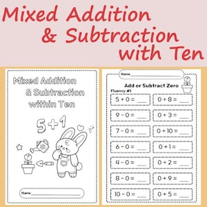 Könnte beinhalten: Ein Arbeitsblatt für gemischte Additions- und Subtraktionsaufgaben innerhalb von zehn. Das Arbeitsblatt enthält einen Abschnitt mit dem Text "Mixed Addition & Subtraction within Ten" und einen Abschnitt mit dem Text "Add or Subtract Zero".