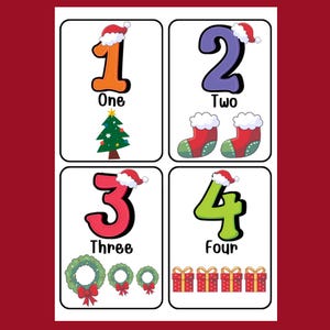 May include: A set of four Christmas-themed number cards. Each card features a number from one to four, with corresponding illustrations of a Christmas tree, stockings, wreaths, and gifts. The numbers are adorned with Santa hats.