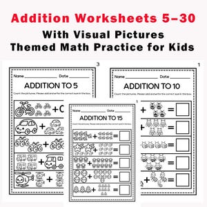 Addition and Subtraction Worksheets 5–30 | Visual Math Bundle for Kids