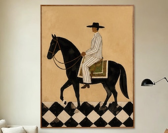 Minimalist Cowboy on Black Horse Rider Painting, Western Portrait Wall Art, Neutral Southwestern Art